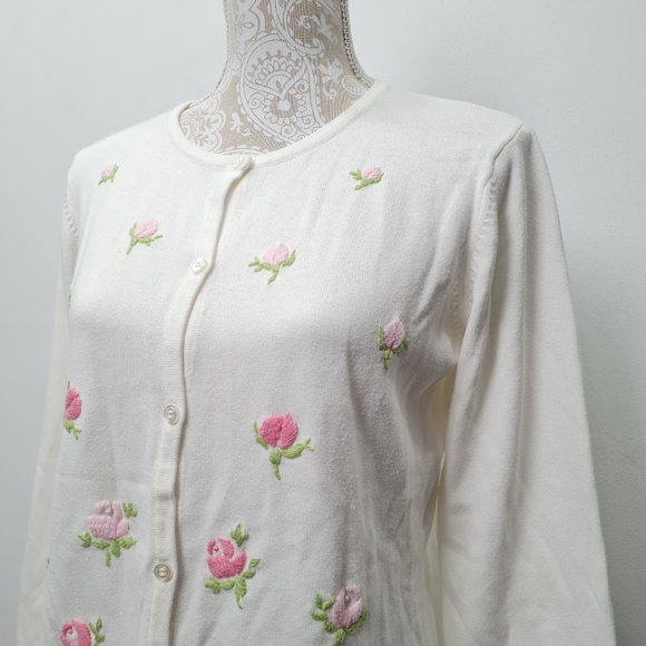 Crystal-Kobe Women's White Sweater Cardigan Pink Flower Embroidery Petite M - Picture 6 of 16